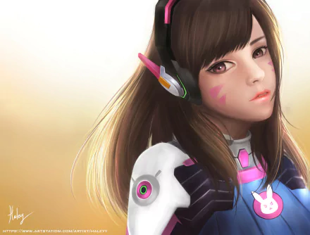 HD desktop wallpaper featuring D.Va from the video game Overwatch. The artwork showcases D.Va in her iconic suit with a soft background.