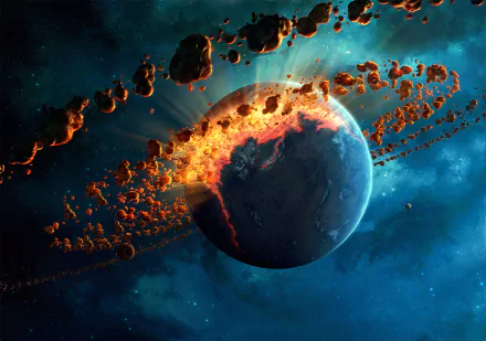 HD Sci-Fi PC desktop wallpaper featuring a planet surrounded by fiery exploding debris in deep space.