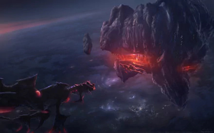 HD PC desktop wallpaper from the video game AION, depicting a dark, fiery celestial scene with a dragon-like creature and a glowing, volcanic asteroid.