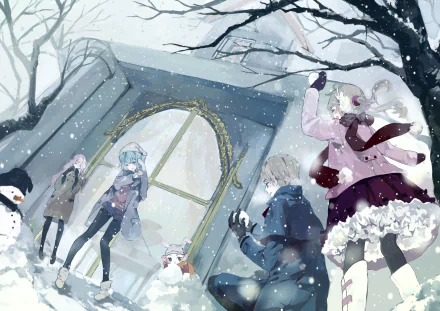 HD winter anime wallpaper (tian tian meng wuyu): smiling pink‑haired girl in gloves, scarf and pantyhose, with blonde and blue friends by a snowman under falling snow and bare trees.