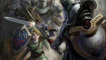 HD wallpaper featuring Link from The Legend of Zelda: Twilight Princess, ready for action with sword and shield.