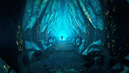 HD desktop wallpaper featuring an underwater scene from Song of the Deep, with a mysterious blue-lit tunnel and silhouettes of sea creatures.