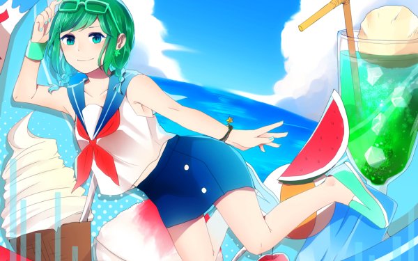 Anime Vocaloid GUMI Food Watermelon School Uniform Skirt Drink Ice Cream Colorful Glasses Blush Smile Green Hair Green Eyes Short Hair HD Wallpaper | Background Image