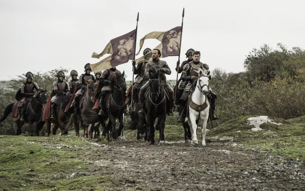 Jerome Flynn as Bronn and Nikolaj Coster-Waldau as Jaime Lannister lead a cavalry charge in a Game of Thrones scene, captured in 4K Ultra HD desktop wallpaper quality.