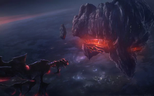 HD PC desktop wallpaper from the video game AION, depicting a dark, fiery celestial scene with a dragon-like creature and a glowing, volcanic asteroid.