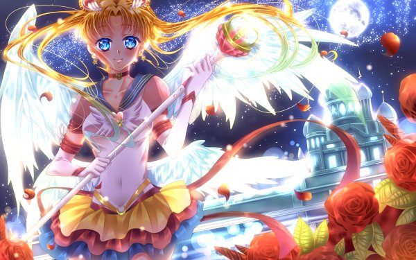 Anime Sailor Moon Usagi Tsukino Long Hair Blonde Wings Blue Eyes Staff Flower Skirt HD Wallpaper | Background Image