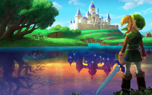 HD desktop wallpaper of Link from The Legend of Zelda: A Link Between Worlds, featuring a vibrant landscape with a reflection of a castle and upside-down world.
