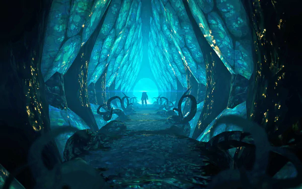 HD desktop wallpaper featuring an underwater scene from Song of the Deep, with a mysterious blue-lit tunnel and silhouettes of sea creatures.