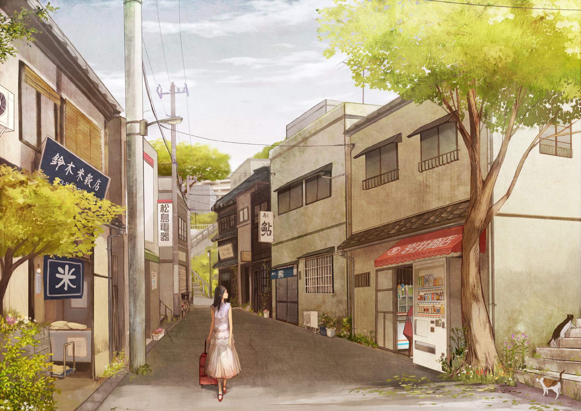 Anime-style HD original PC desktop wallpaper depicting a quiet street scene with buildings, trees, and a person walking down the road under a bright sky.