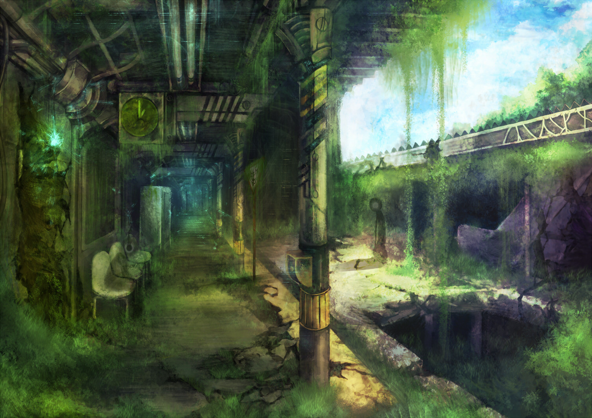 A vibrant anime-inspired HD desktop wallpaper depicting a lush, overgrown interior of an abandoned structure, with sunlight filtering through, creating an atmosphere of serene decay.