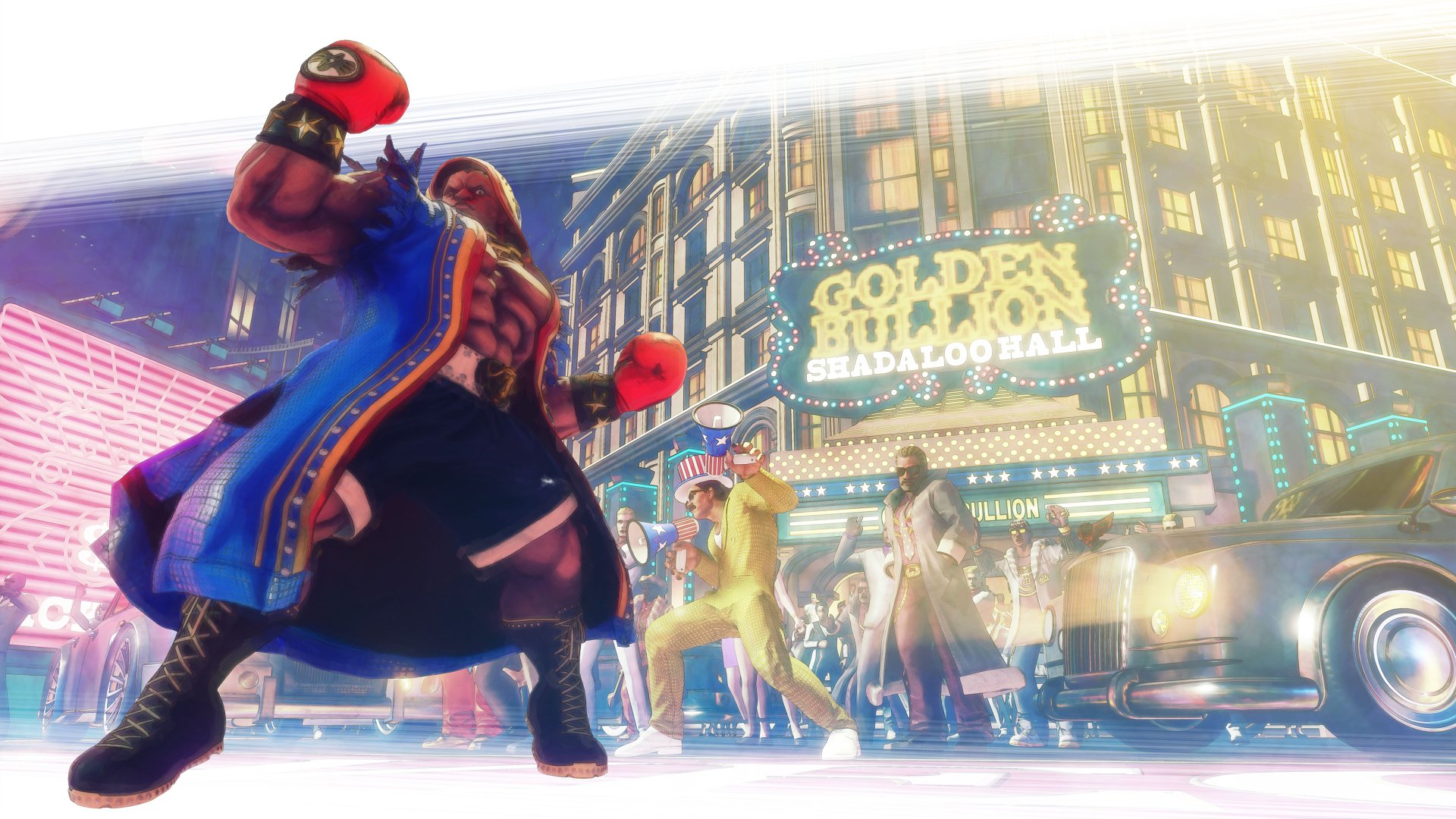 4K Ultra HD PC desktop wallpaper featuring a dynamic Street Fighter V scene with a muscular fighter in a vibrant urban setting near the Golden Bullion casino.