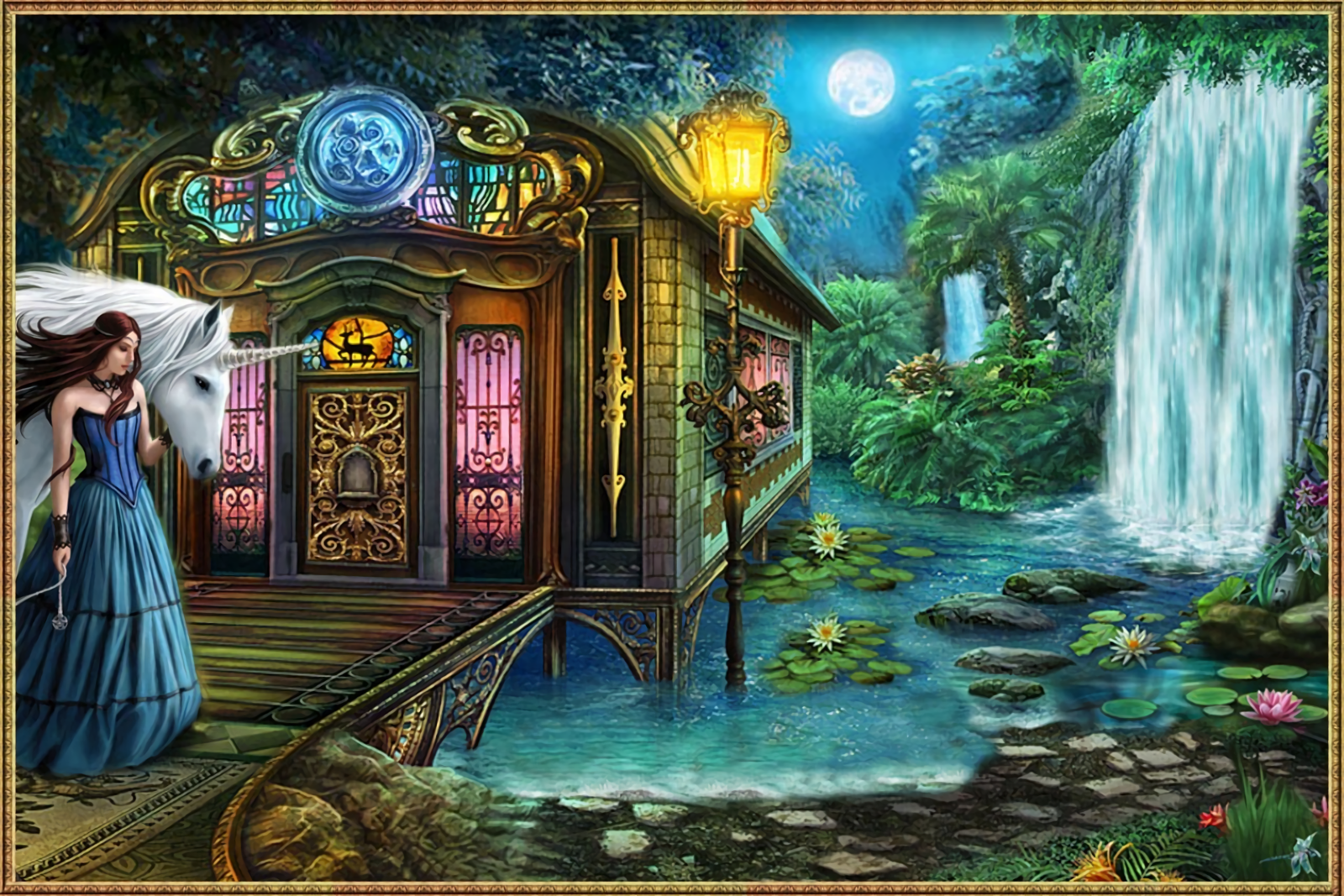 A mystical scene featuring a pond with a waterfall, a glowing moon, and a unicorn, set beside an enchanting building, creating a captivating fantasy atmosphere.