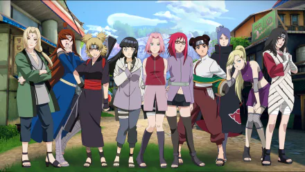 A vibrant HD desktop wallpaper featuring female characters from the anime Naruto, standing together in a colorful village setting, showcasing their unique outfits and personalities.