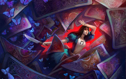 A captivating wallpaper featuring Alice from Alice: Madness Returns, wielding a knife among swirling playing cards and butterflies, showcasing her daring spirit in a surreal landscape.