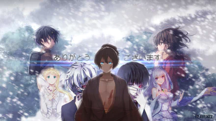 HD desktop wallpaper featuring characters from various anime including Kayo Hinazuki, Asseylum Vers Allusia, Ken Kaneki, Satoru Fujinuma, Yato, and Emilia. Snow-filled background with Japanese text.