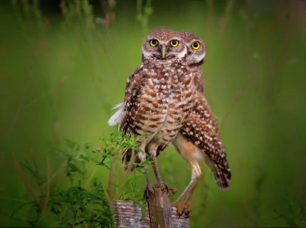 HD desktop wallpaper featuring two owls perched on a branch against a blurred green background, showcasing detailed feathers and bright yellow eyes.