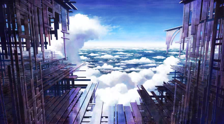 HD anime desktop wallpaper featuring an original artwork of a sky view framed by wooden structures, blending vivid clouds and blue tones for a striking visual effect.