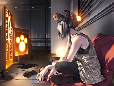 A serene anime scene featuring a girl sitting on the floor, engrossed in a gaming setup, surrounded by soft lighting—captured as an original HD PC desktop wallpaper.