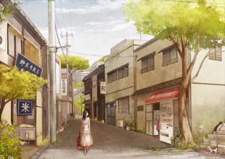 Anime-style HD original PC desktop wallpaper depicting a quiet street scene with buildings, trees, and a person walking down the road under a bright sky.