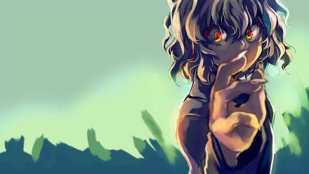 HD desktop wallpaper of Neferpitou from Hunter × Hunter anime, with an intense gaze and outstretched hand, set against a blurred green and blue background.