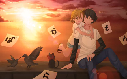 A serene HD wallpaper from the anime Barakamon, featuring Naru Kotoishi playfully hugging Sei Handa against a sunset backdrop, accompanied by birds and a cat.