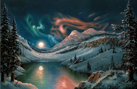 A serene winter night scene featuring a moonlit lake surrounded by snow-covered mountains and evergreen trees, illuminated by colorful auroras in the sky. An artistic HD background.