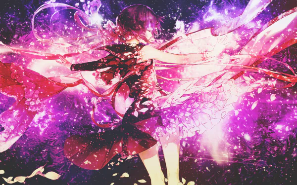 HD anime desktop wallpaper featuring a vibrant, magical girl from Mahou Shoujo Taisen surrounded by glowing pink and purple energy effects.