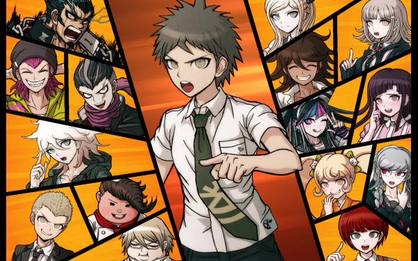 Danganronpa 2: Goodbye Despair HD PC wallpaper — Hajime Hinata at center pointing, surrounded by his classmates in an orange, comic-panel layout showcasing the game's anime-style cast.