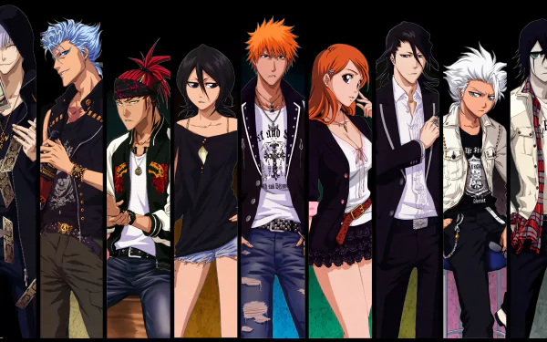 A vibrant HD desktop wallpaper featuring the main cast of the anime Bleach, showcasing iconic characters in stylish attire against a bold background.