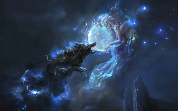 A mystical wolf howls at an ethereal spirit surrounded by swirling smoke and a luminous moon, creating a captivating fantasy scene filled with magic and wonder.