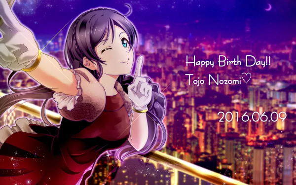 HD PC desktop wallpaper/background of Nozomi Tojo (Love Live! anime), winking and pointing over a glowing nighttime city skyline with Happy Birth Day!! Tojo Nozomi text.