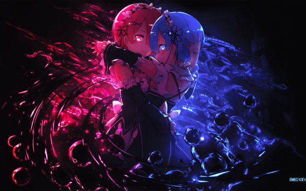 Anime Re:ZERO -Starting Life in Another World- Rem Ram Hug Blue Eyes Blue Hair Pink Eyes Pink Hair Maid Dress HD Wallpaper | Hintergrund
