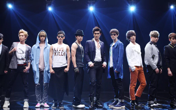 HD wallpaper featuring the Super Junior band posing together on stage for a desktop background.