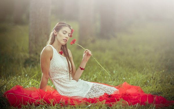 Women Mood Model White Dress Outdoor Red Flower Grass Brunette HD Wallpaper | Background Image