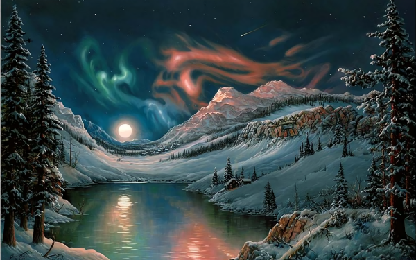 Artistic Winter Night Moon Sky Tree Lake Mountain HD Wallpaper | Background Image
