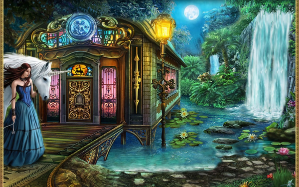 Artistic Fantasy Unicorn Waterfall Moon Pond HD Wallpaper | Background Image