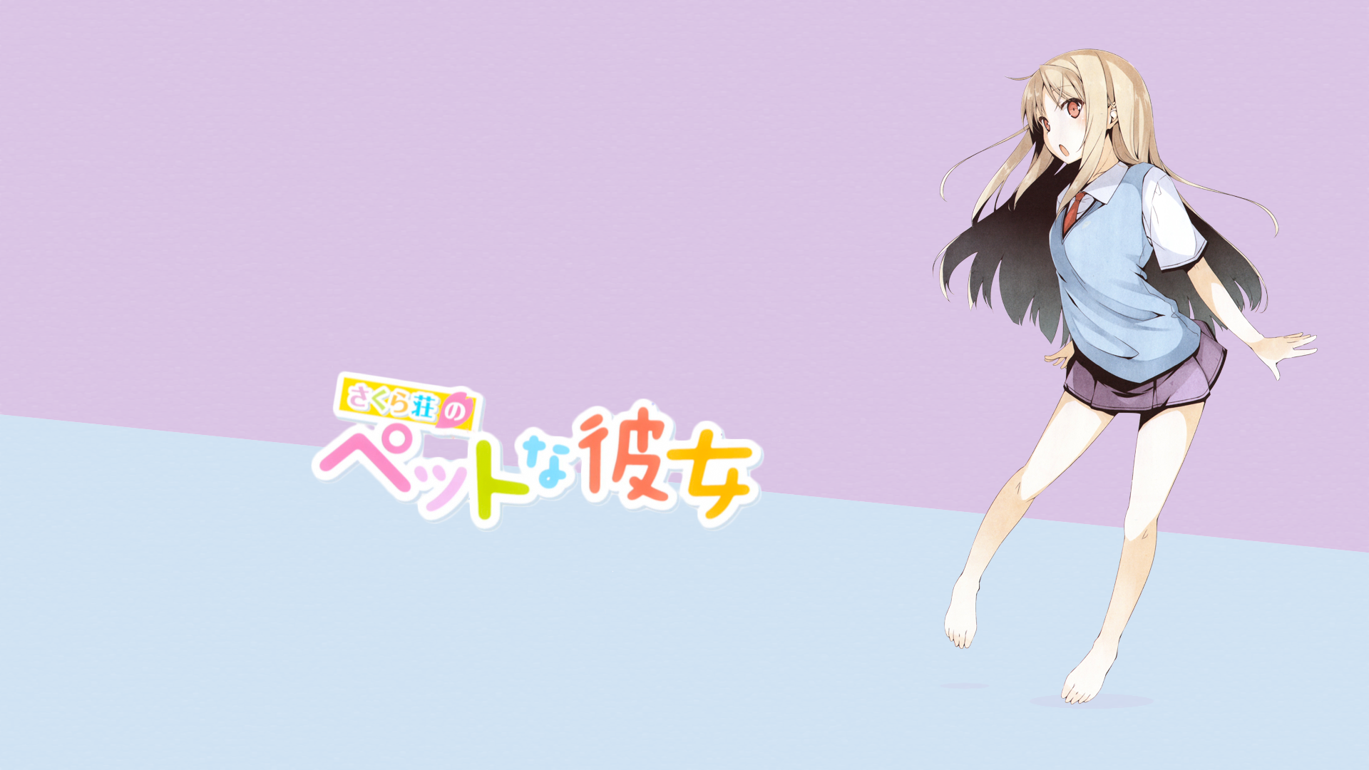 HD anime desktop wallpaper featuring Mashiro Shiina from Sakurasou no Pet na Kanojo in a skirt, set against a minimalist pastel purple and blue background.