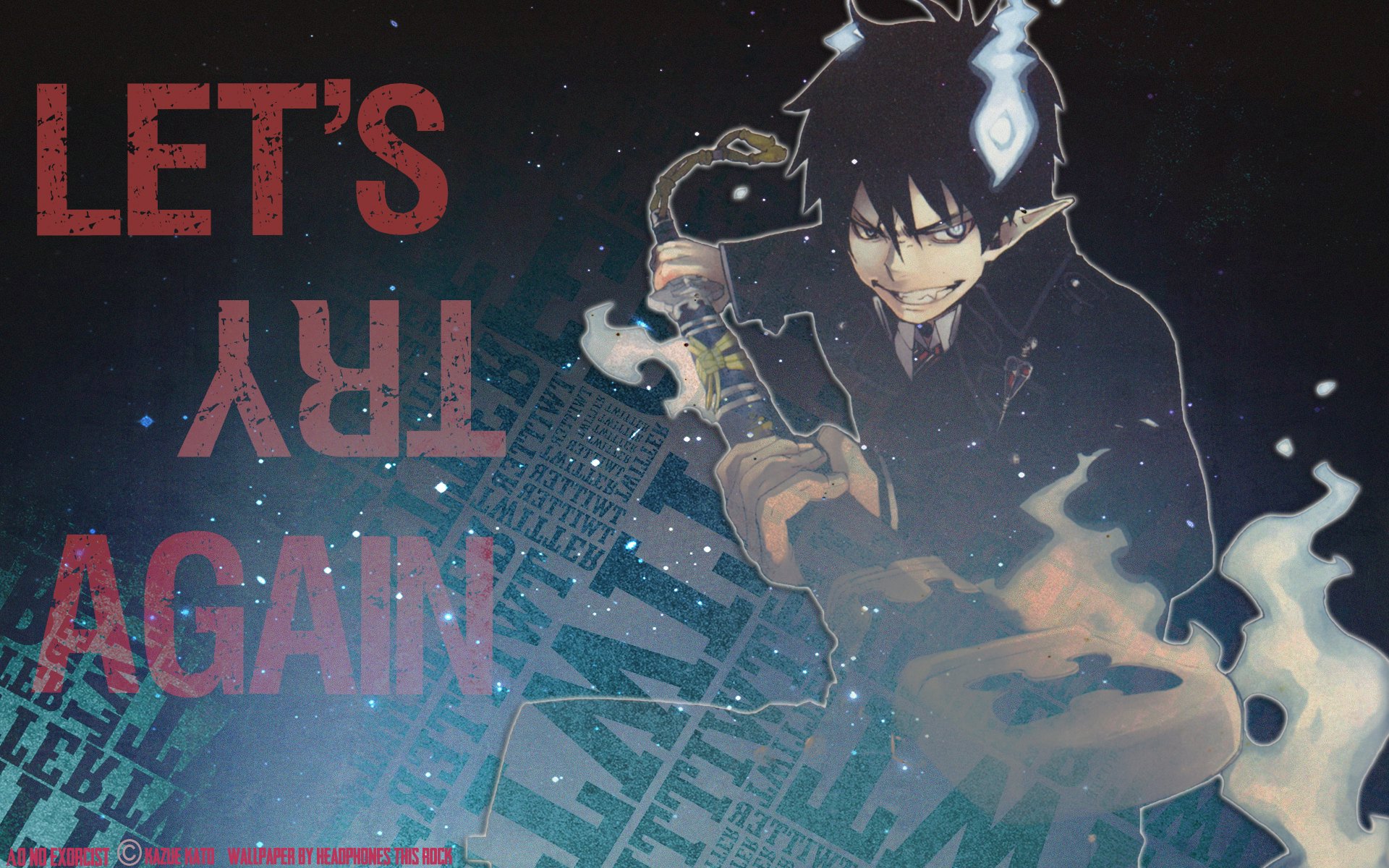 HD desktop wallpaper featuring Rin Okumura from Blue Exorcist, with dynamic blue flames and the bold text LET'S TRY AGAIN in red on a dark background.