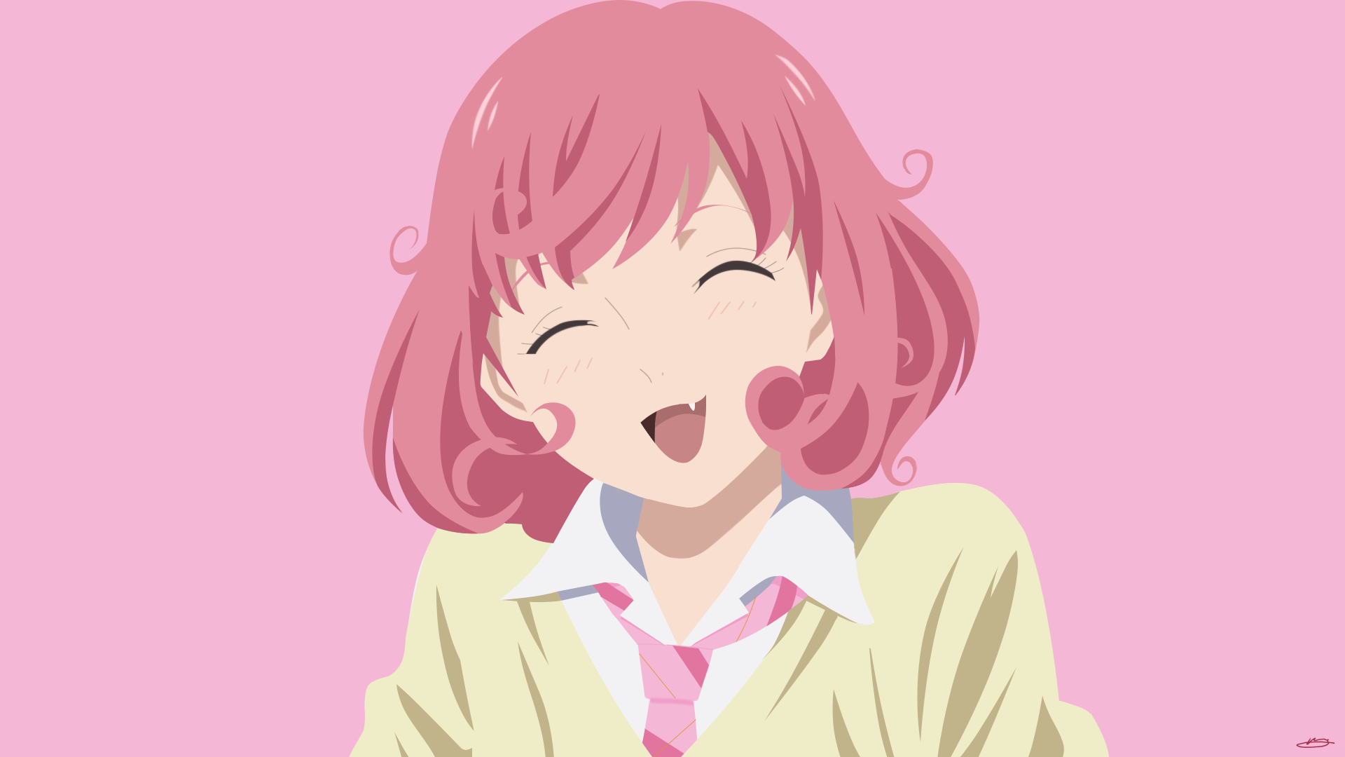 A minimalist anime wallpaper featuring Kofuku Ebisu from Noragami, showcasing a character with pink hair and a cheerful smile, set against a soft pink background.