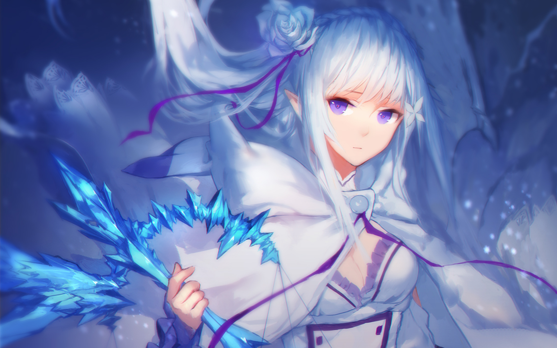 Emilia from *Re:ZERO - Starting Life in Another World* stands confidently, wielding an icy staff, set against a soft blue background in this HD anime wallpaper.