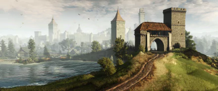 A stunning HD desktop wallpaper from The Witcher 3: Wild Hunt, showcasing a scenic landscape with a medieval bridge, a fortified tower, and a tranquil river.