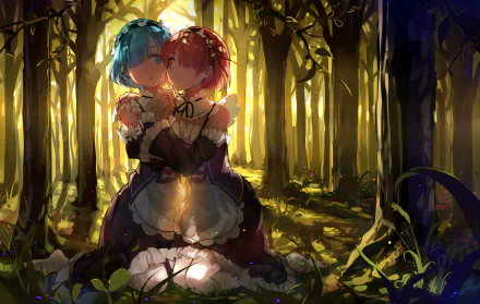 HD wallpaper featuring Rem and another character from Re:Zero - Starting Life in Another World embracing in a sunlit forest. The scene emanates warmth and tranquility, capturing the essence of the anime.