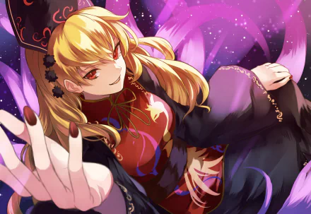 Anime desktop wallpaper featuring Junko from Touhou, showcasing her striking appearance with long blonde hair, vibrant colors, and a mystical background.