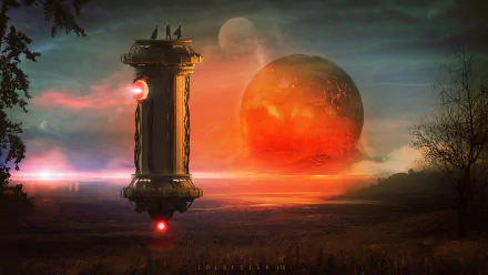 A sci-fi landscape features a mysterious vehicle amidst a dramatic setting, where a colossal planet looms in the background, hinting at a cosmic collision. 4K Ultra HD quality.