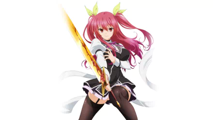 An anime character with long pink hair, red eyes, and wielding a glowing sword. This HD wallpaper features Stella Vermillion from Rakudai Kishi no Cavalry (Chivalry of a Failed Knight).