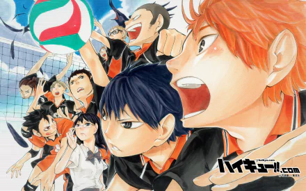 HD anime desktop wallpaper featuring the Haikyū!! volleyball team in action, showcasing intense expressions and dynamic movement during a match.