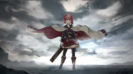 Anime character Z3 Max Schultz from Kantai Collection stands with a flowing cape, pink short hair, red eyes, skirt, pantyhose, and boots against a dramatic cloudy backdrop.