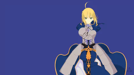 Minimalist HD anime wallpaper of Saber from Fate/Stay Night, featuring her blonde hair, green eyes, blue dress, armor, and sword on a solid blue background.
