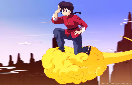 HD anime desktop wallpaper featuring Ranma Saotome from Ranma ½ riding the Flying Nimbus from Dragon Ball in a dynamic crossover scene.