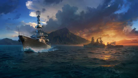 A stunning HD desktop wallpaper featuring a warship in a dramatic seascape, inspired by the video game World of Warships, with a vibrant sunset and rugged mountains in the background.